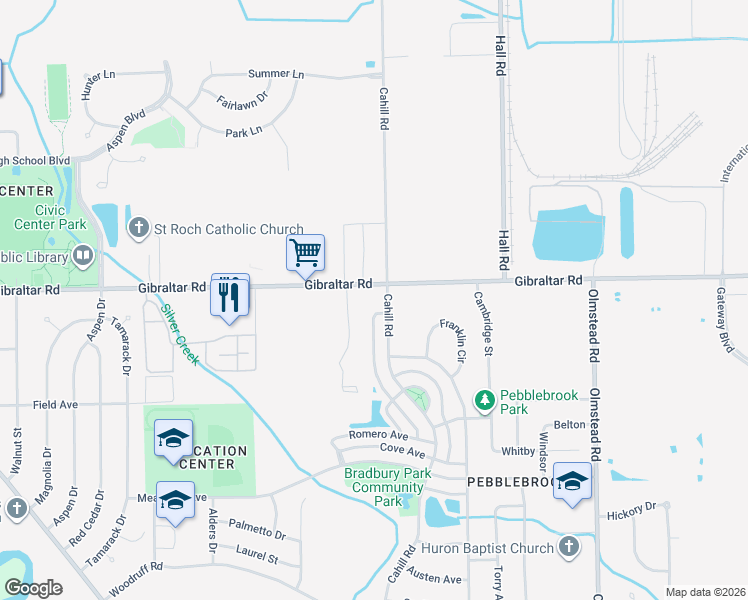 map of restaurants, bars, coffee shops, grocery stores, and more near 23965 Gibraltar Road in Flat Rock