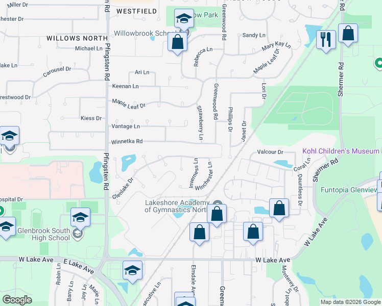 map of restaurants, bars, coffee shops, grocery stores, and more near 3339 Winnetka Road in Glenview