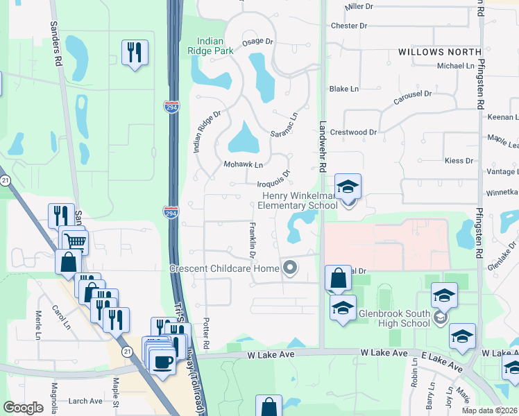 map of restaurants, bars, coffee shops, grocery stores, and more near 2111 Franklin Drive in Glenview