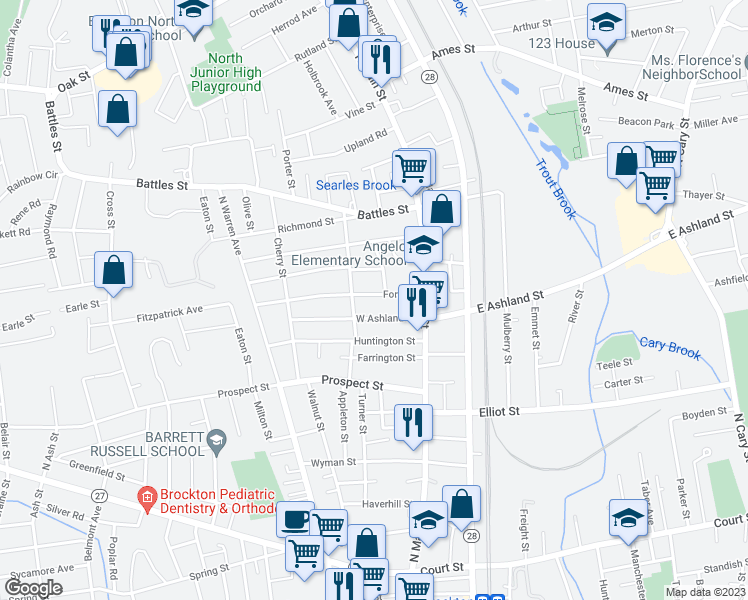 map of restaurants, bars, coffee shops, grocery stores, and more near 46 Ford Street in Brockton