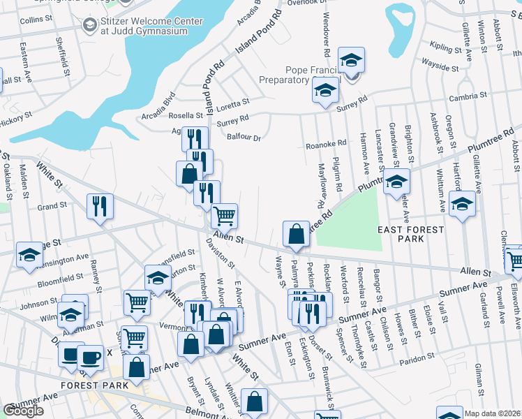 map of restaurants, bars, coffee shops, grocery stores, and more near 65 Mandalay Road in Springfield