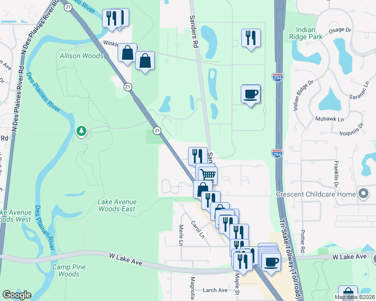 map of restaurants, bars, coffee shops, grocery stores, and more near 3221 West Parkway Drive in Northbrook