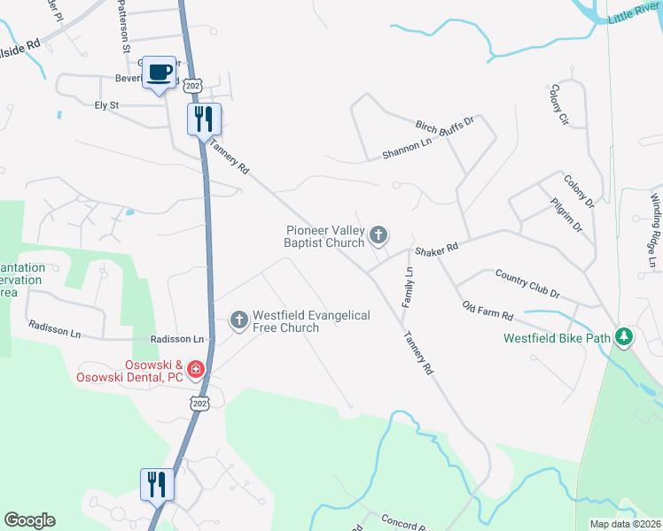 map of restaurants, bars, coffee shops, grocery stores, and more near 91 Tannery Road in Westfield