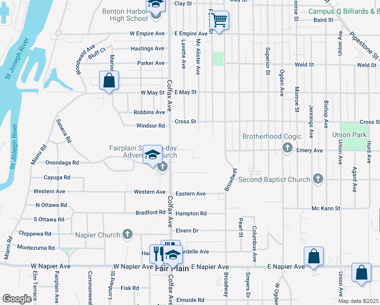 map of restaurants, bars, coffee shops, grocery stores, and more near 180 Emery Terrace in Benton Harbor