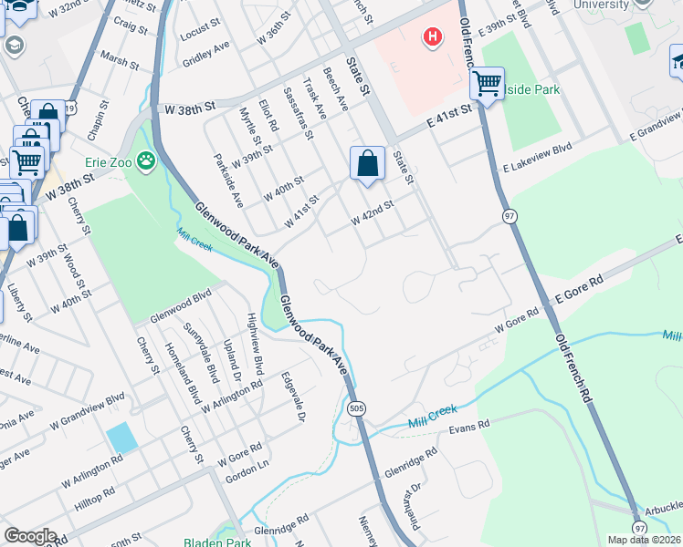 map of restaurants, bars, coffee shops, grocery stores, and more near 226 W Grandview Blvd in Erie