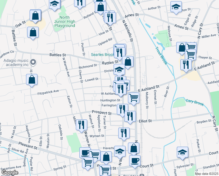 map of restaurants, bars, coffee shops, grocery stores, and more near 40 Ford Street in Brockton