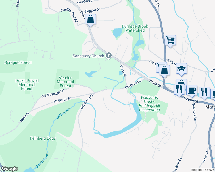map of restaurants, bars, coffee shops, grocery stores, and more near 124 Old Ocean Street in Marshfield
