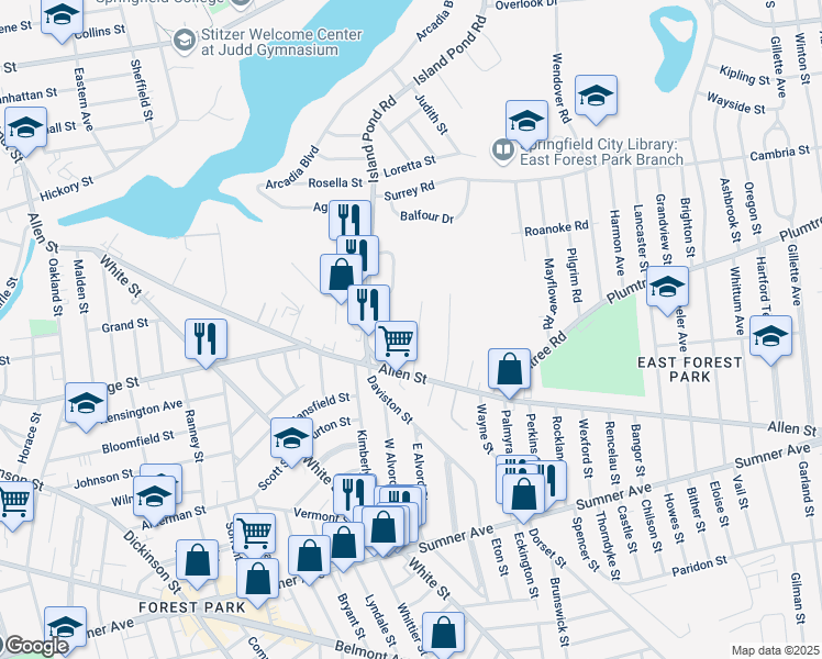 map of restaurants, bars, coffee shops, grocery stores, and more near 44 California Avenue in Springfield