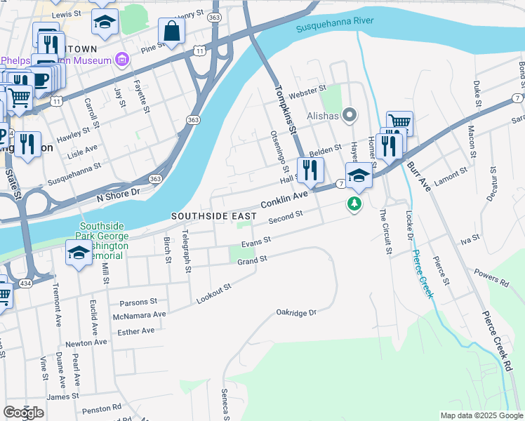 map of restaurants, bars, coffee shops, grocery stores, and more near 194 Conklin Avenue in Binghamton