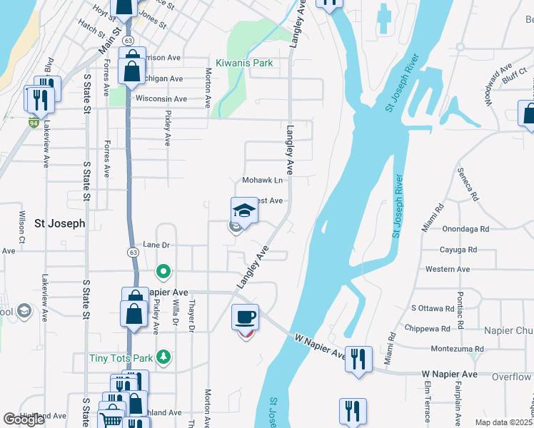 map of restaurants, bars, coffee shops, grocery stores, and more near 1222 Hillcrest Avenue in St. Joseph