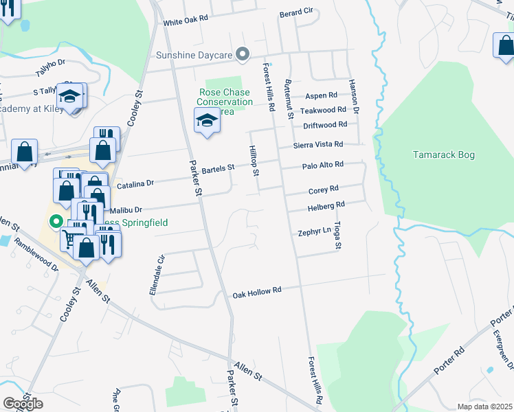 map of restaurants, bars, coffee shops, grocery stores, and more near 123 Skyridge Drive in Springfield