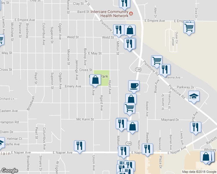 map of restaurants, bars, coffee shops, grocery stores, and more near 1304 Emery Avenue in Benton Harbor