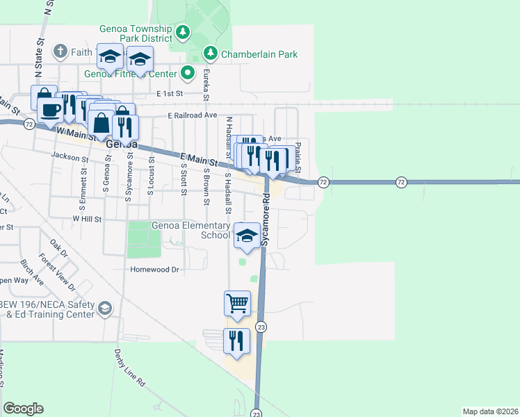 map of restaurants, bars, coffee shops, grocery stores, and more near 215 Sycamore Road in Genoa