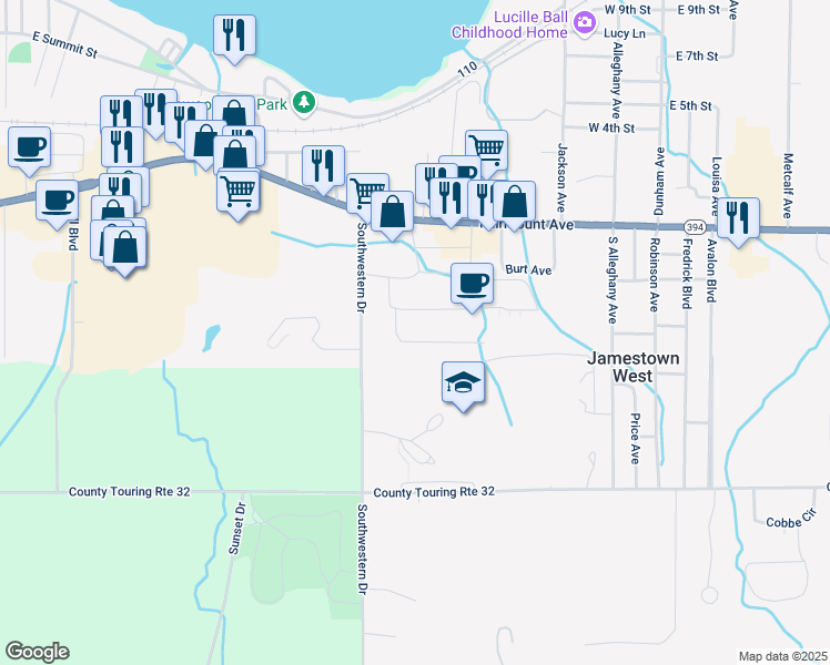 map of restaurants, bars, coffee shops, grocery stores, and more near 975 Fairmount Avenue in Jamestown