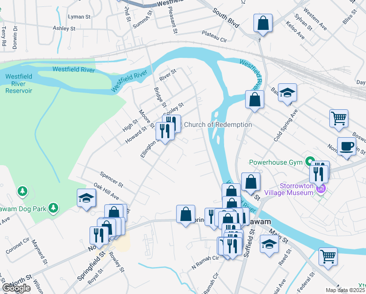 map of restaurants, bars, coffee shops, grocery stores, and more near 25 Highland Avenue in Agawam