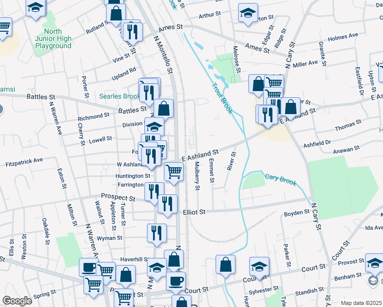 map of restaurants, bars, coffee shops, grocery stores, and more near 110 Mulberry Street in Brockton