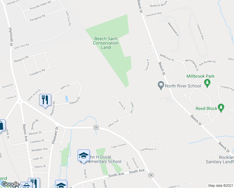 map of restaurants, bars, coffee shops, grocery stores, and more near 60 Indian Trail in Whitman