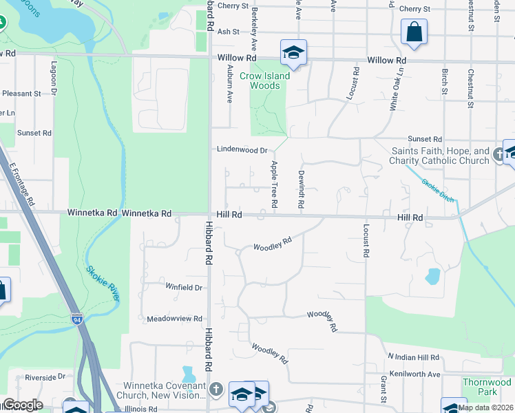 map of restaurants, bars, coffee shops, grocery stores, and more near 1185 Hill Road in Winnetka