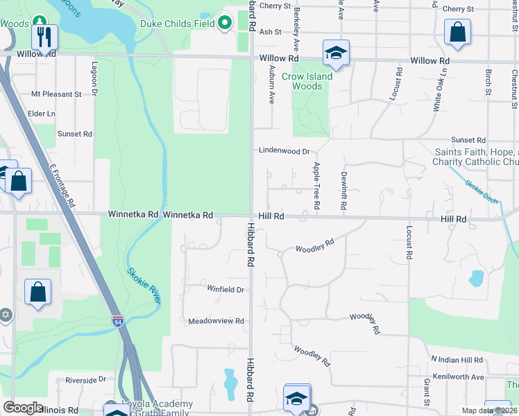 map of restaurants, bars, coffee shops, grocery stores, and more near 108 Westview Road in Winnetka