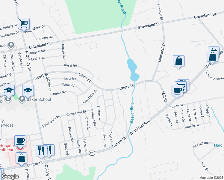 map of restaurants, bars, coffee shops, grocery stores, and more near 1090 Court Street in Brockton
