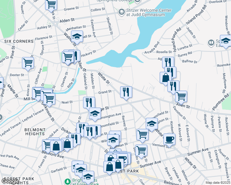 map of restaurants, bars, coffee shops, grocery stores, and more near 98 White Street in Springfield