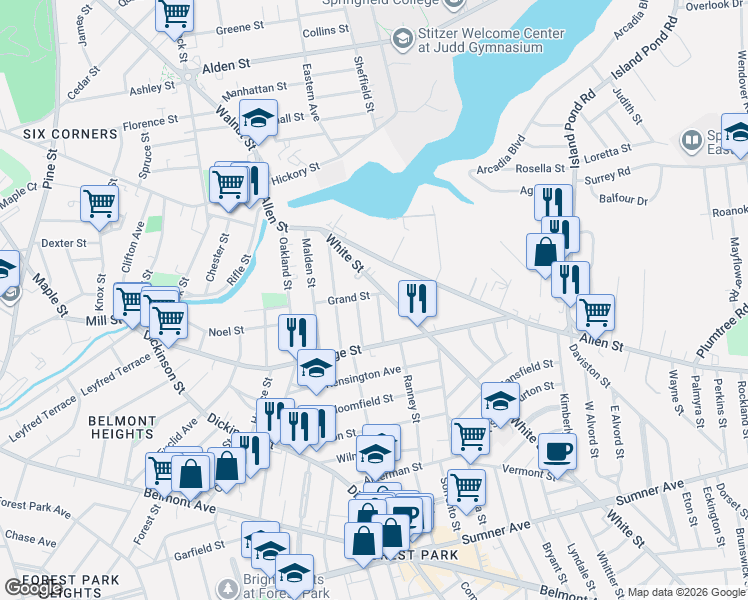 map of restaurants, bars, coffee shops, grocery stores, and more near 98 White Street in Springfield