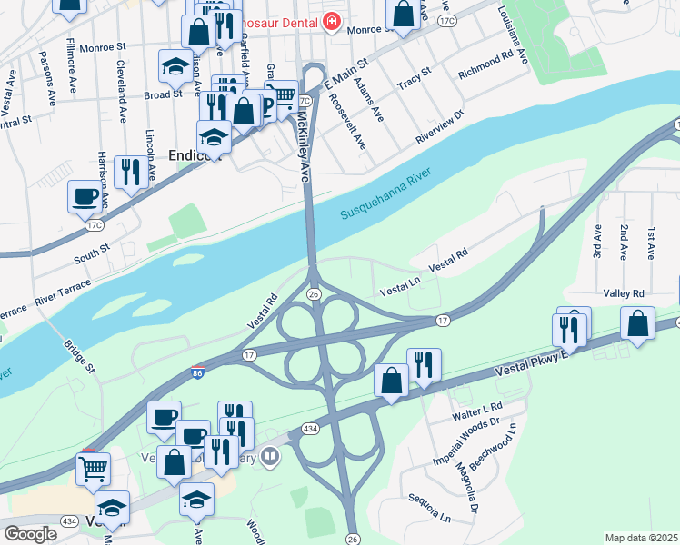 map of restaurants, bars, coffee shops, grocery stores, and more near 429 Jane Street in Vestal