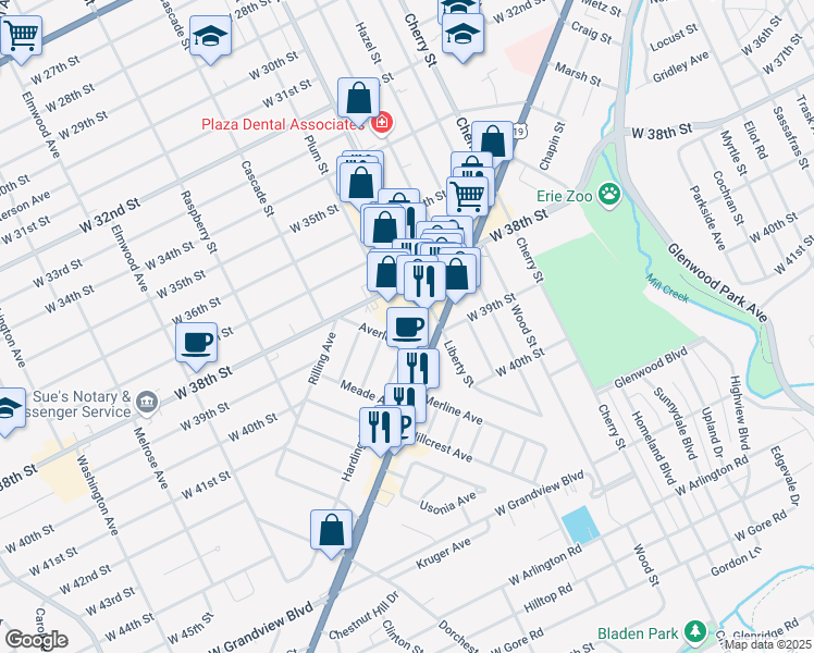 map of restaurants, bars, coffee shops, grocery stores, and more near 116 Averlon Avenue in Erie