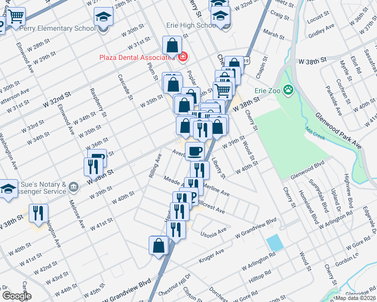 map of restaurants, bars, coffee shops, grocery stores, and more near 116 Averlon Avenue in Erie