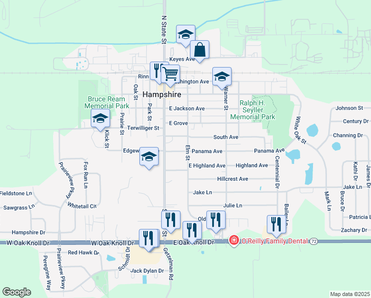 map of restaurants, bars, coffee shops, grocery stores, and more near 182 Panama Avenue in Hampshire