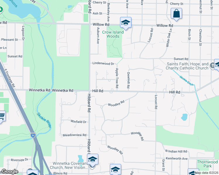 map of restaurants, bars, coffee shops, grocery stores, and more near 1185 Hill Road in Winnetka