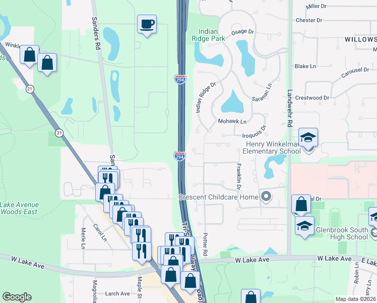 map of restaurants, bars, coffee shops, grocery stores, and more near 4707 Pynsky Road in Glenview