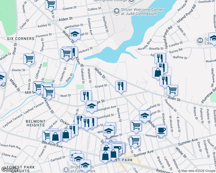 map of restaurants, bars, coffee shops, grocery stores, and more near 98 White Street in Springfield