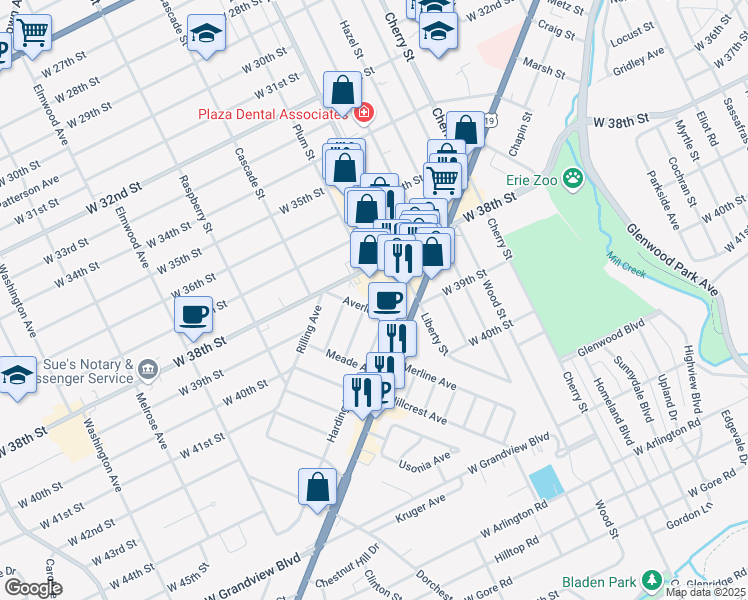map of restaurants, bars, coffee shops, grocery stores, and more near 116 Averlon Ave in Erie