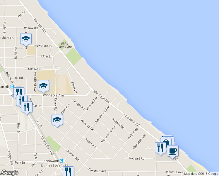 map of restaurants, bars, coffee shops, grocery stores, and more near 433 Sheridan Road in Kenilworth