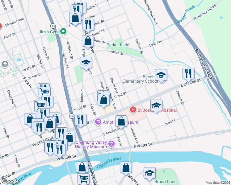 map of restaurants, bars, coffee shops, grocery stores, and more near 405 Dewitt Avenue in Elmira
