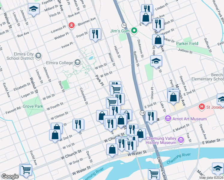 map of restaurants, bars, coffee shops, grocery stores, and more near 600 North Main Street in Elmira