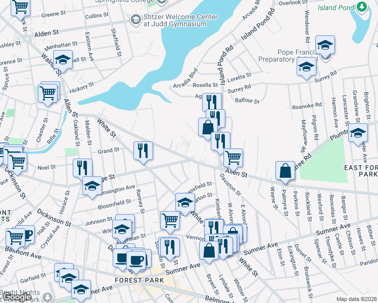 map of restaurants, bars, coffee shops, grocery stores, and more near 11 Amity Court in Springfield