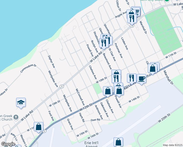 map of restaurants, bars, coffee shops, grocery stores, and more near 819 Oakmont Avenue in Erie