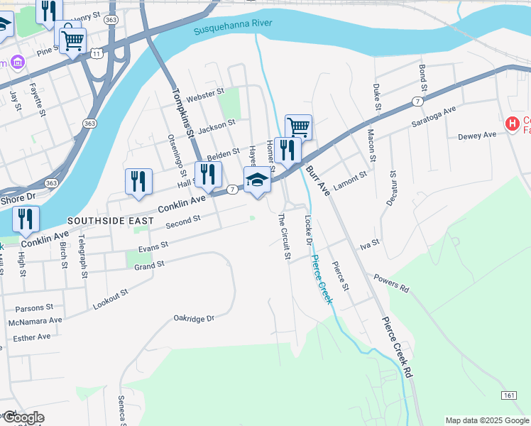 map of restaurants, bars, coffee shops, grocery stores, and more near 262 Conklin Avenue in Binghamton