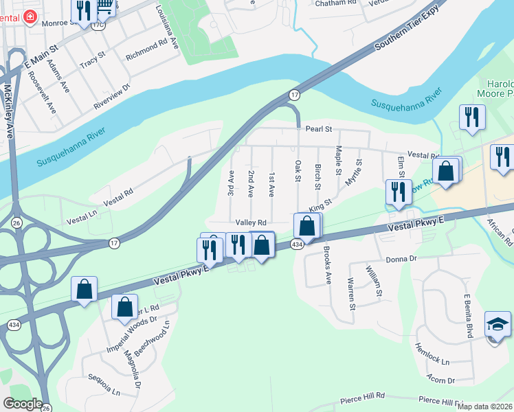 map of restaurants, bars, coffee shops, grocery stores, and more near 320 2nd Ave in Vestal