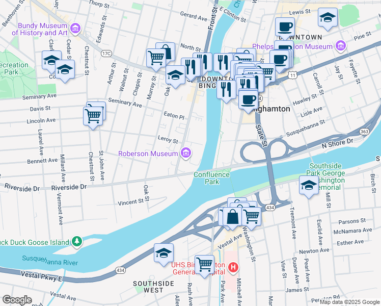 map of restaurants, bars, coffee shops, grocery stores, and more near 42 Front Street in Binghamton