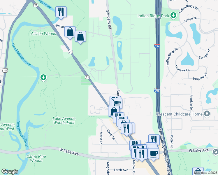 map of restaurants, bars, coffee shops, grocery stores, and more near 3221 West Parkway Drive in Northbrook