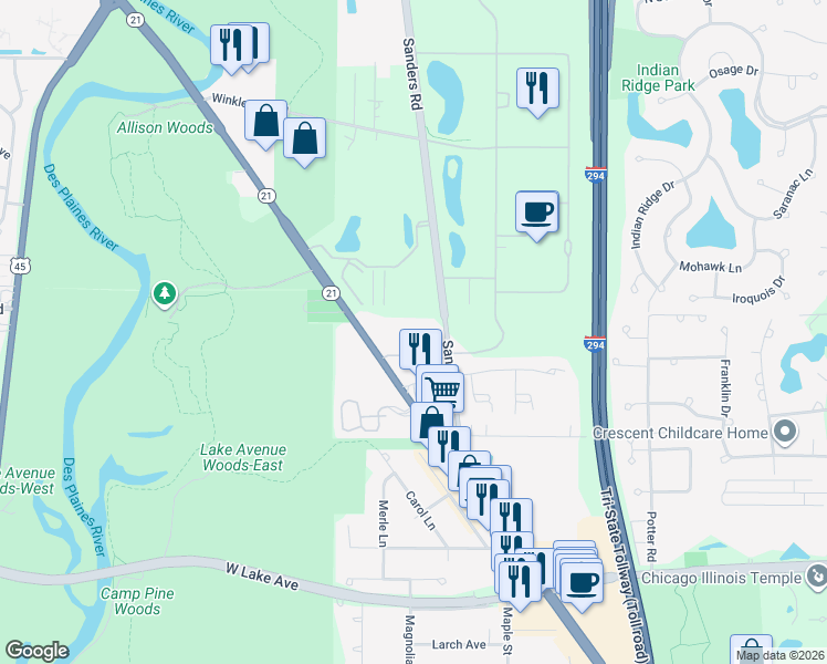 map of restaurants, bars, coffee shops, grocery stores, and more near 3222 Sanders Road in Northbrook