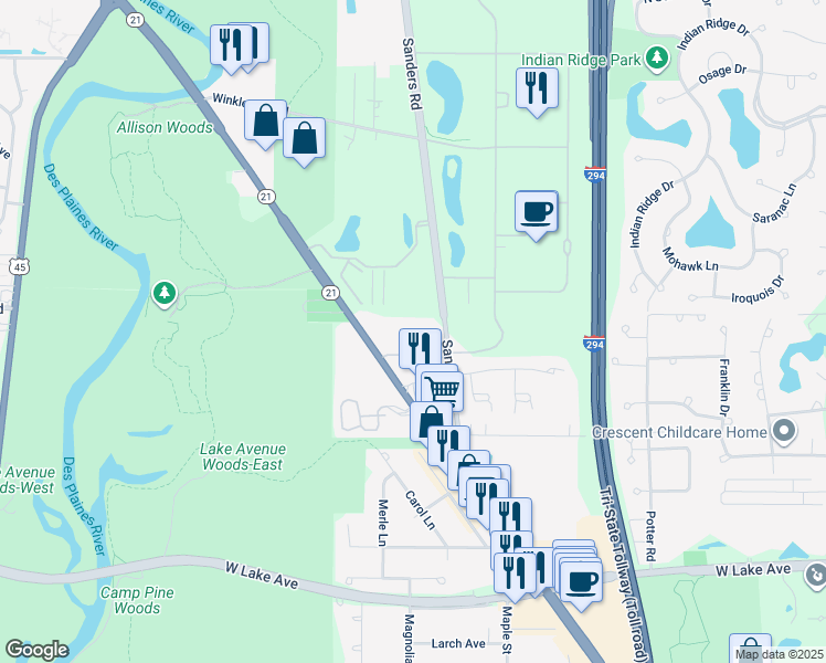 map of restaurants, bars, coffee shops, grocery stores, and more near 3850 South Parkway Drive in Northbrook