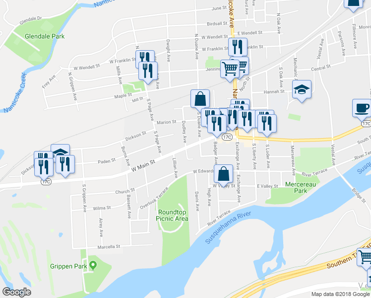 map of restaurants, bars, coffee shops, grocery stores, and more near 6 Hillside Court in Endicott