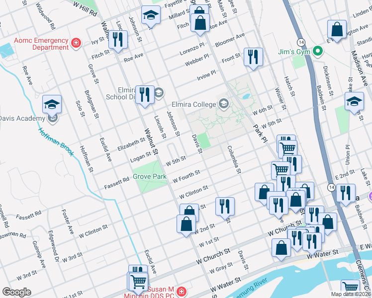 map of restaurants, bars, coffee shops, grocery stores, and more near 709 Davis Street in Elmira