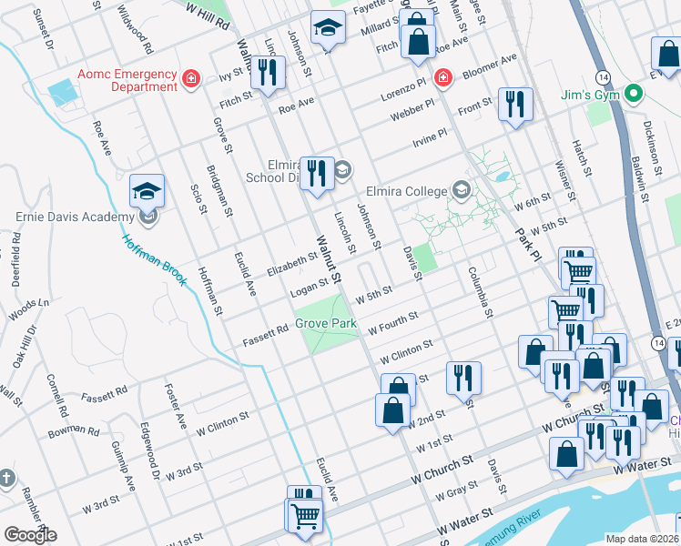 map of restaurants, bars, coffee shops, grocery stores, and more near 720 Walnut Street in Elmira
