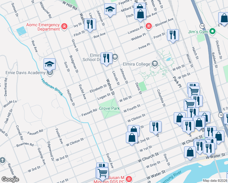 map of restaurants, bars, coffee shops, grocery stores, and more near 720 Walnut Street in Elmira