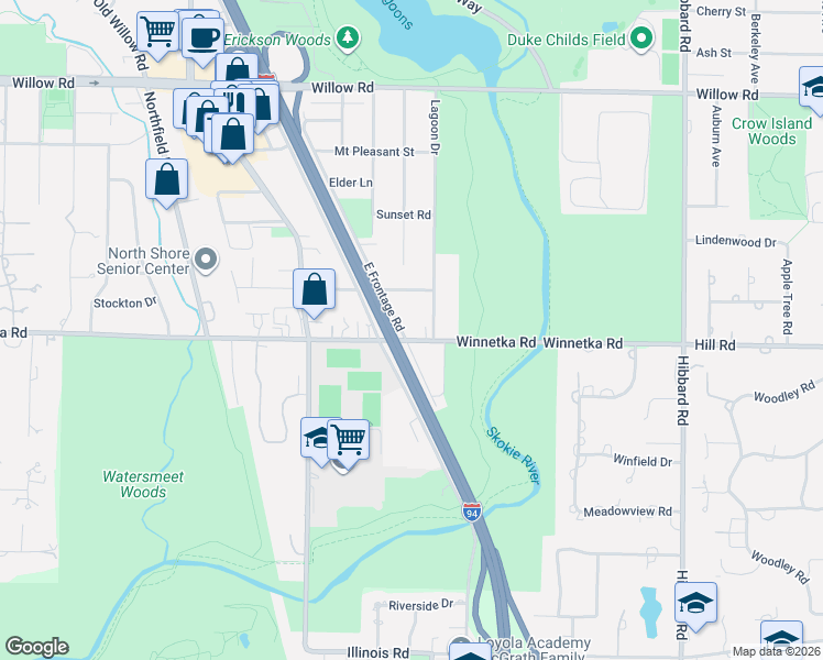 map of restaurants, bars, coffee shops, grocery stores, and more near 1561 Winnetka Road in Northfield